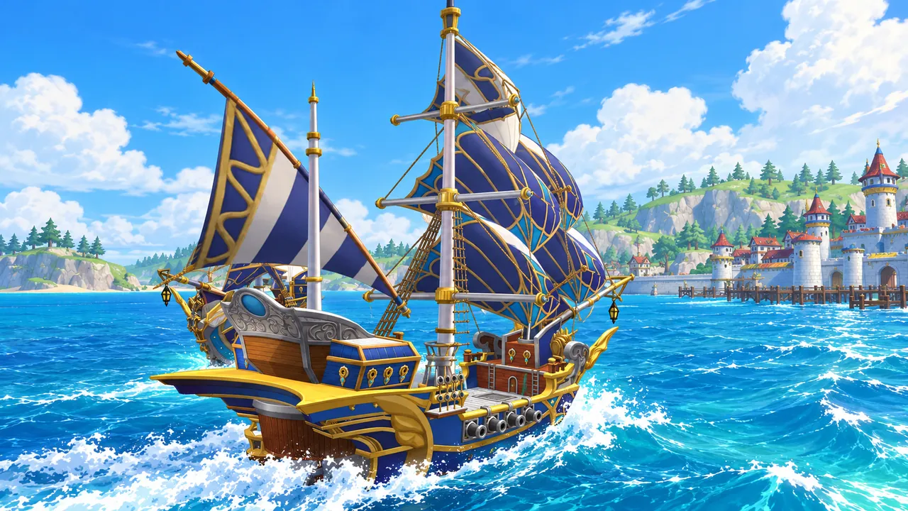 เรือใบสีน้ำเงินทองแล่นฝ่าคลื่นกลางทะเล มีเมืองท่าอยู่ไกลๆ