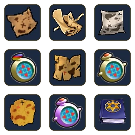 ไอคอนแผนที่สมบัติ เข็มทิศ และสมุดจากในเกม