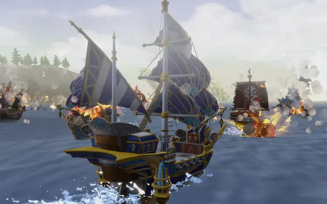 เรือใบแล่นกลางทะเลท่ามกลางควันปืนใหญ่